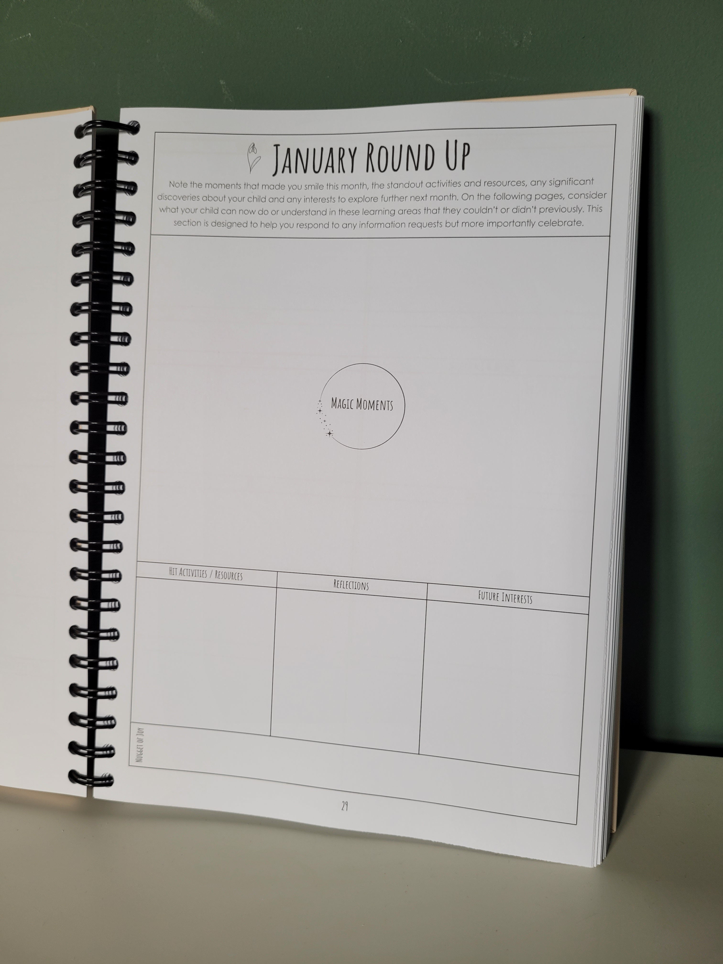 Spiral-bound planner open resting against a green wall