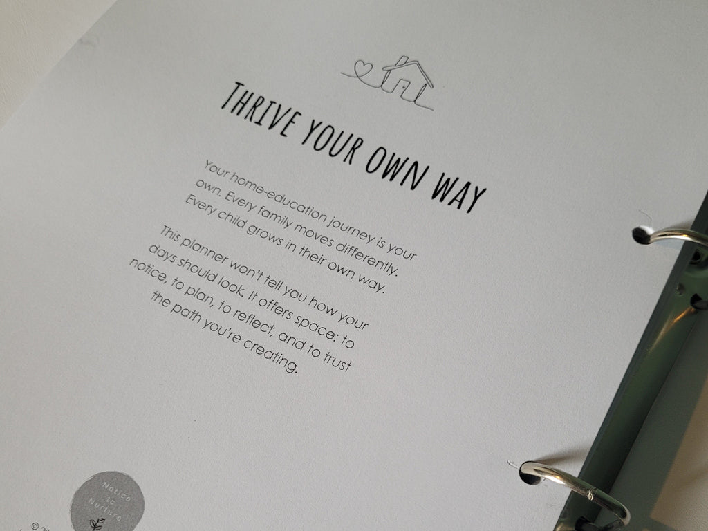 Sheet from a planner with text about home education and a logo